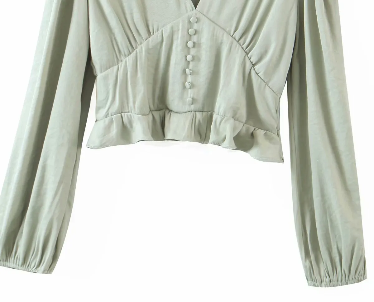 Lantern Sleeve V-neck Ruffled Shirts Blouses