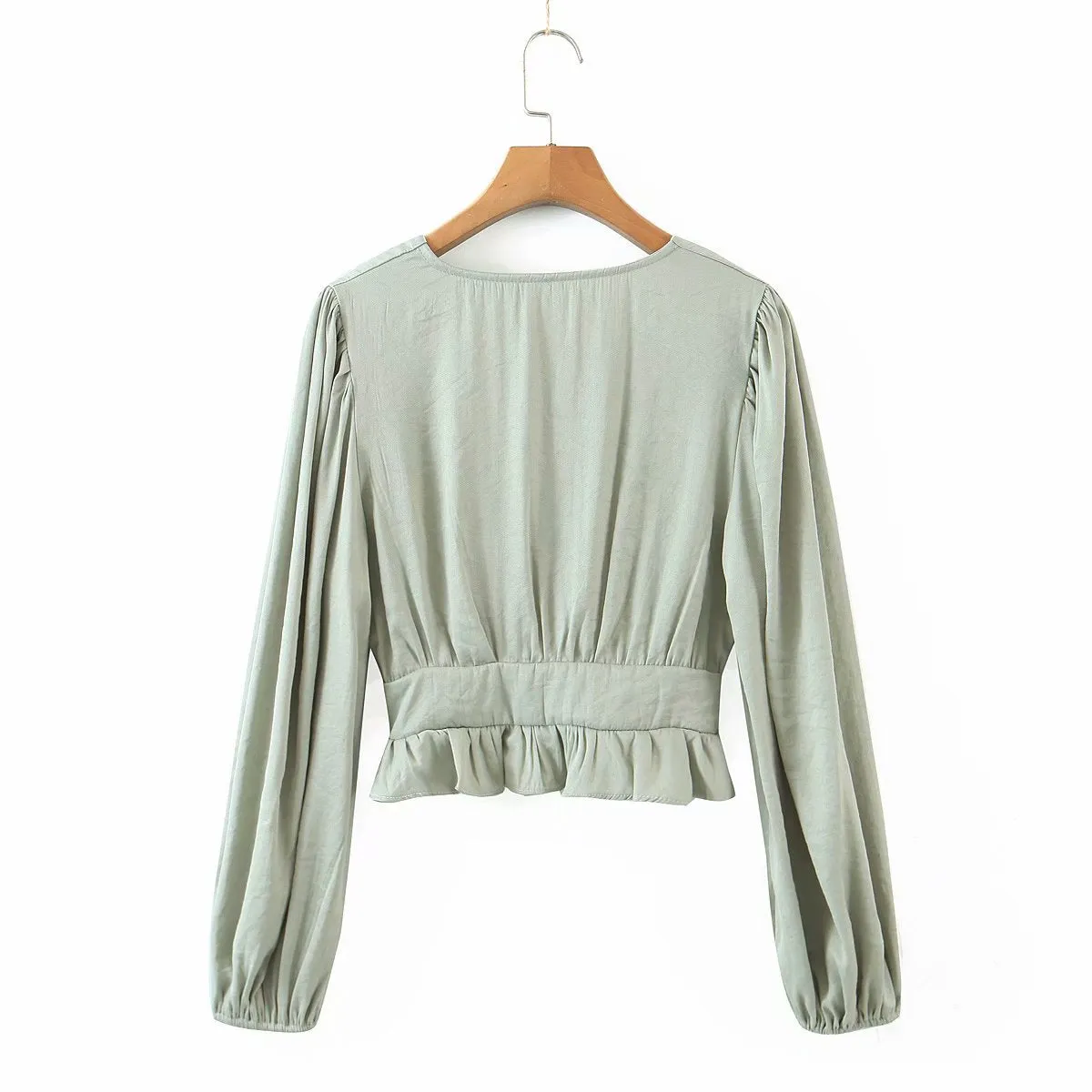 Lantern Sleeve V-neck Ruffled Shirts Blouses