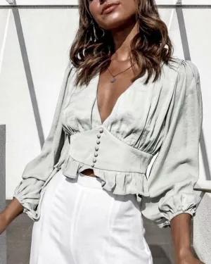 Lantern Sleeve V-neck Ruffled Shirts Blouses