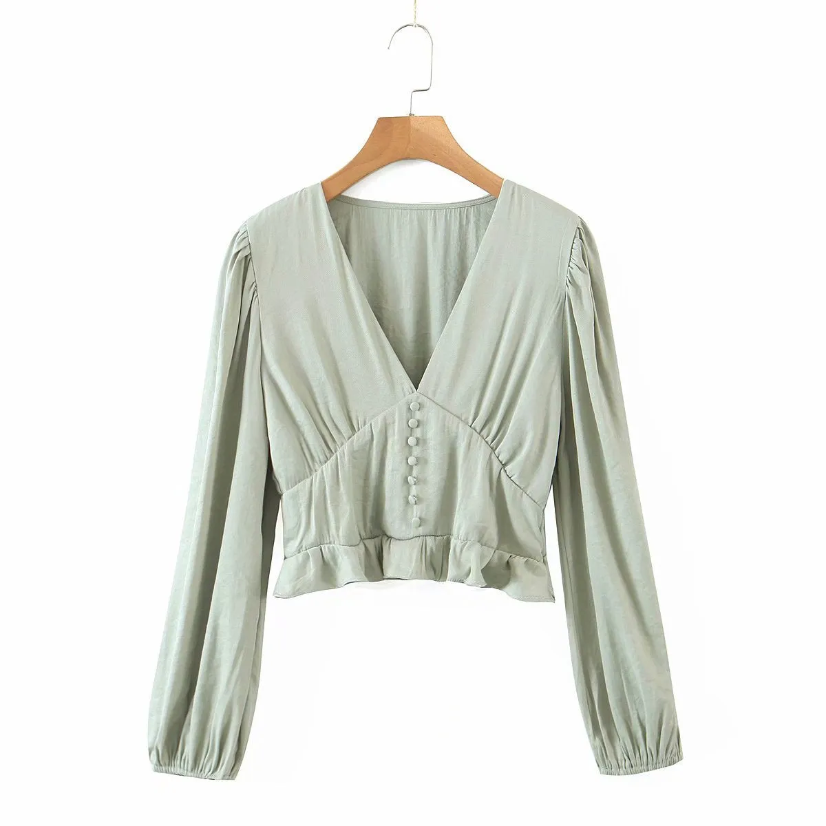 Lantern Sleeve V-neck Ruffled Shirts Blouses