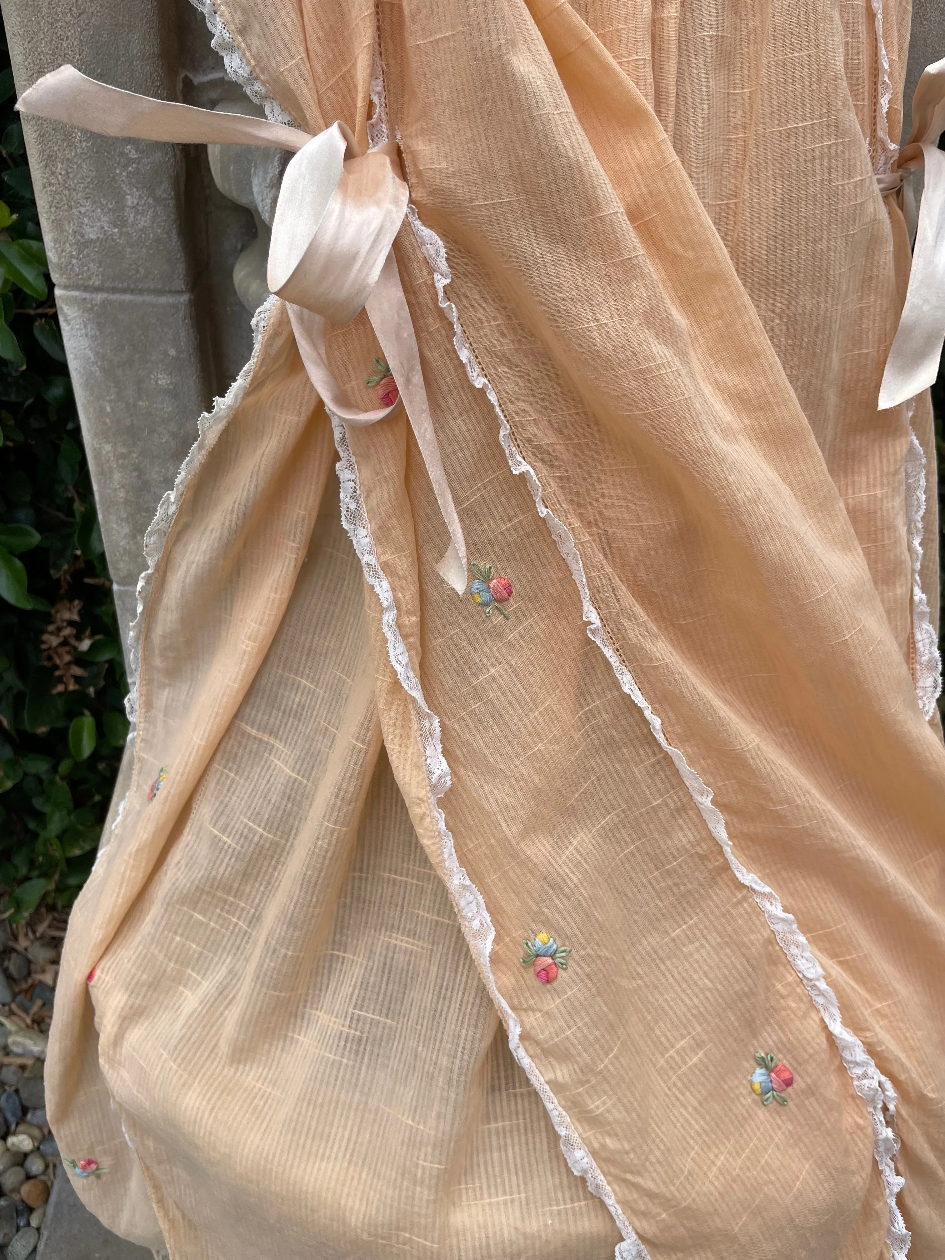 Late Edwardian Embroidered Lace Trim Tangerine Cotton Apron Style Over Dress