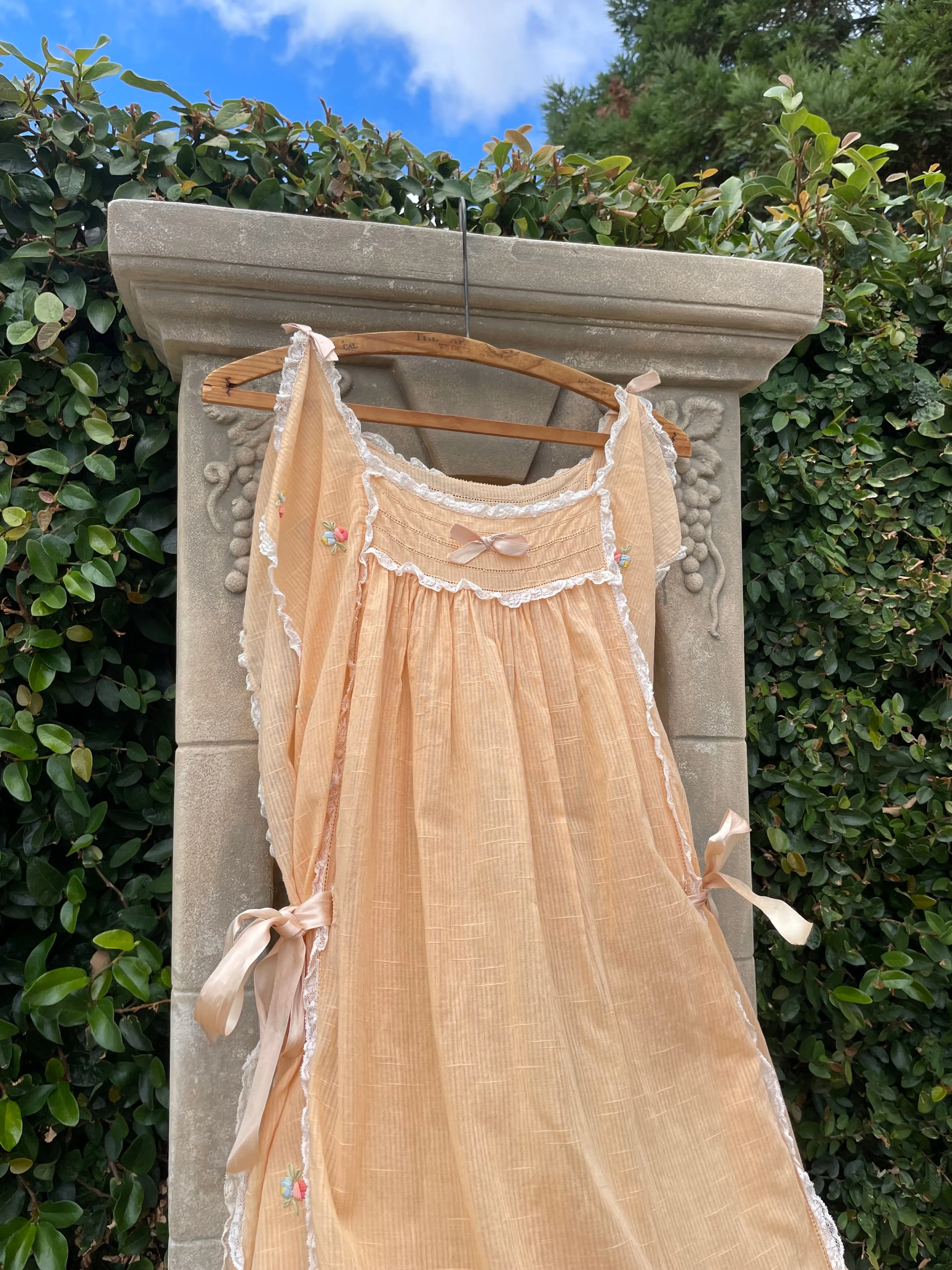 Late Edwardian Embroidered Lace Trim Tangerine Cotton Apron Style Over Dress