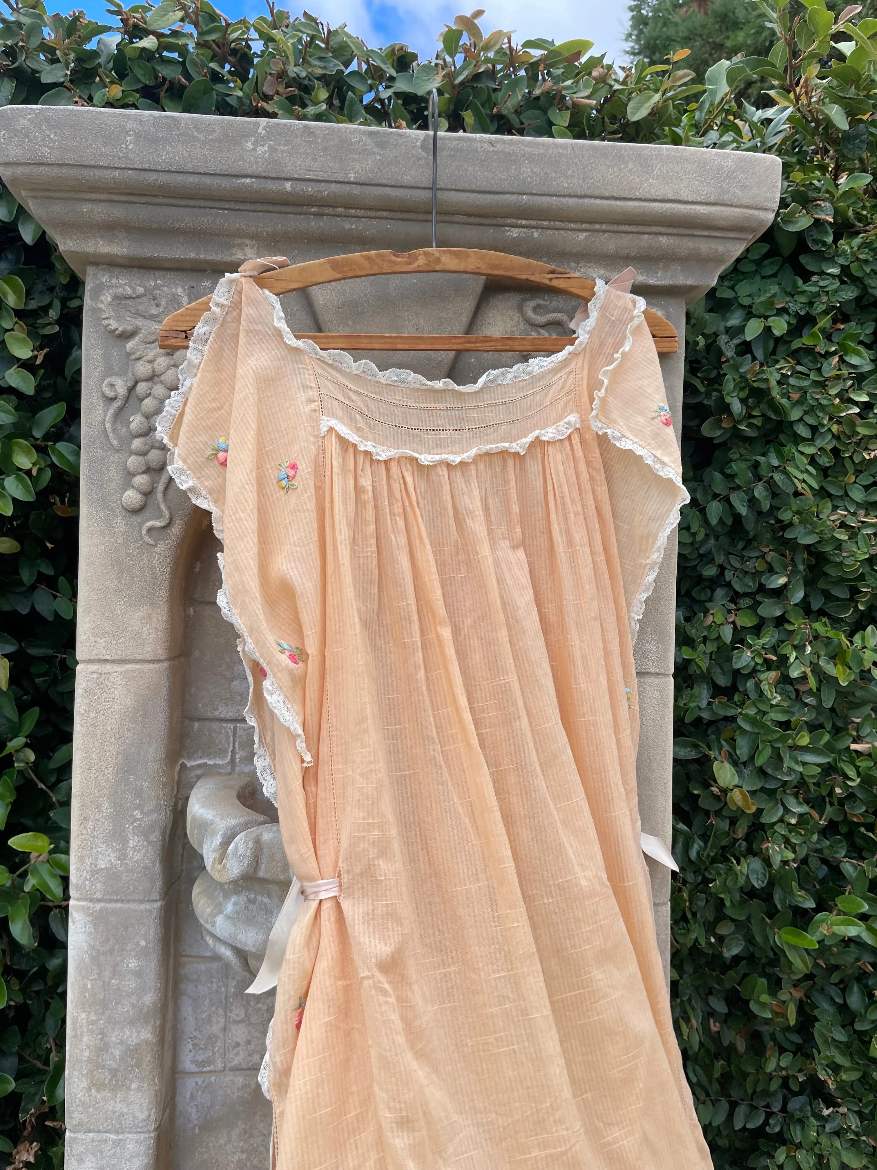 Late Edwardian Embroidered Lace Trim Tangerine Cotton Apron Style Over Dress