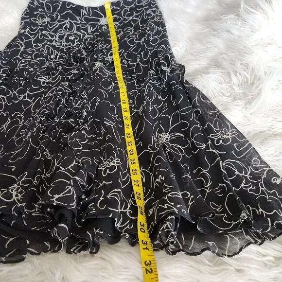 Lauren Ralph Lauren Silk Skirt Womens‎ Med Black White Print Maxi Flare Ruffled