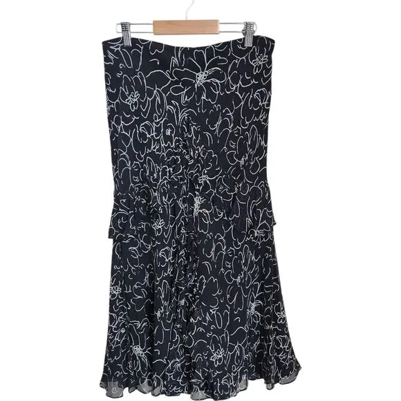 Lauren Ralph Lauren Silk Skirt Womens‎ Med Black White Print Maxi Flare Ruffled