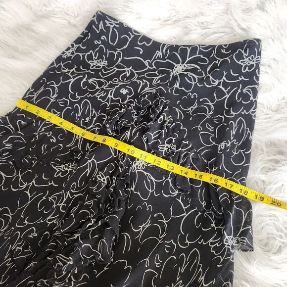 Lauren Ralph Lauren Silk Skirt Womens‎ Med Black White Print Maxi Flare Ruffled