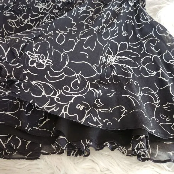 Lauren Ralph Lauren Silk Skirt Womens‎ Med Black White Print Maxi Flare Ruffled