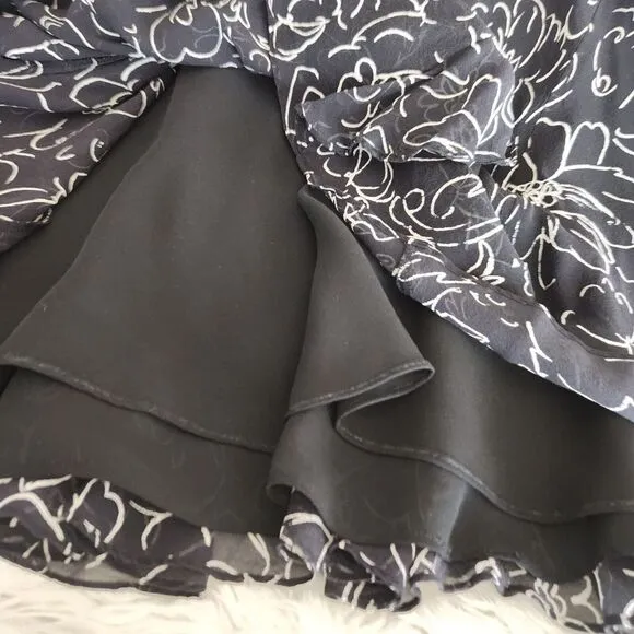 Lauren Ralph Lauren Silk Skirt Womens‎ Med Black White Print Maxi Flare Ruffled