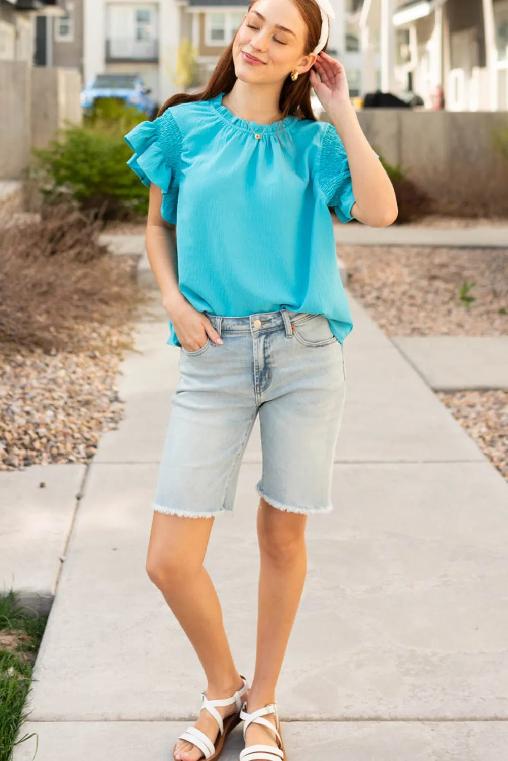 Light Blue Smocked Ruffled Short Sleeve Loose Blouse