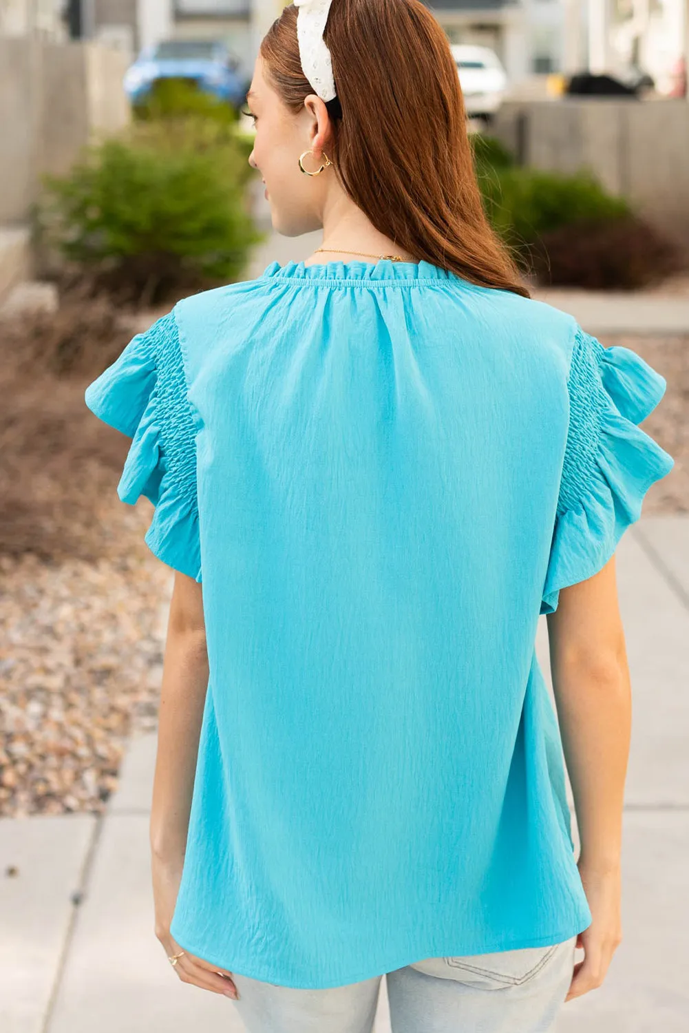Light Blue Smocked Ruffled Short Sleeve Loose Blouse