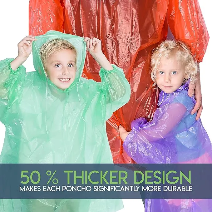 Lingito Rain Ponchos Family Pack - Emergency Drawstring Hood Poncho for Children & Adults Lightweight Reusable or Disposable