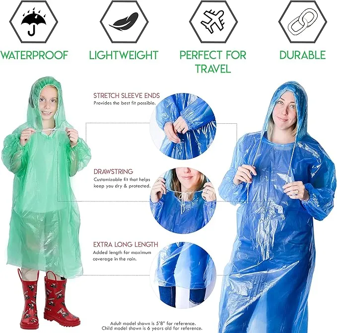 Lingito Rain Ponchos Family Pack - Emergency Drawstring Hood Poncho for Children & Adults Lightweight Reusable or Disposable