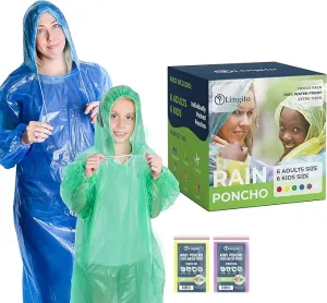 Lingito Rain Ponchos Family Pack - Emergency Drawstring Hood Poncho for Children & Adults Lightweight Reusable or Disposable