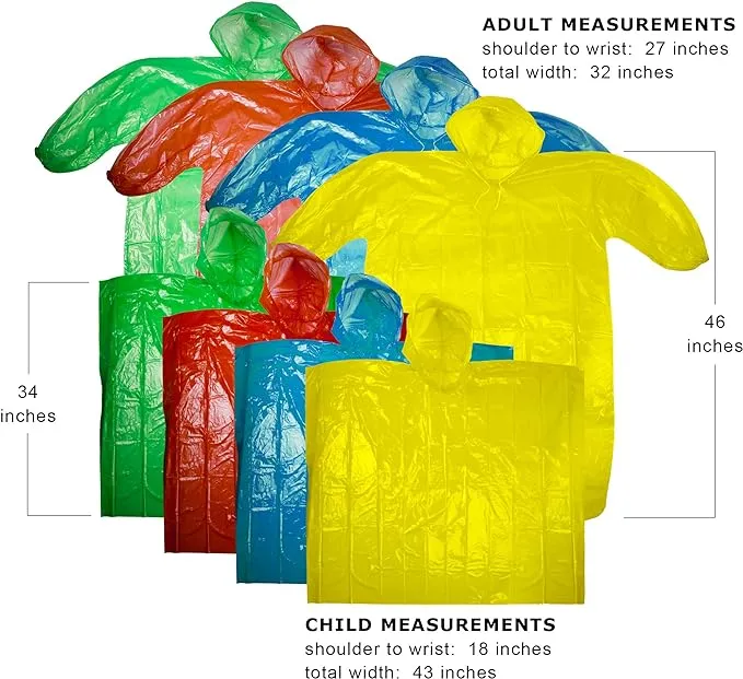 Lingito Rain Ponchos Family Pack - Emergency Drawstring Hood Poncho for Children & Adults Lightweight Reusable or Disposable
