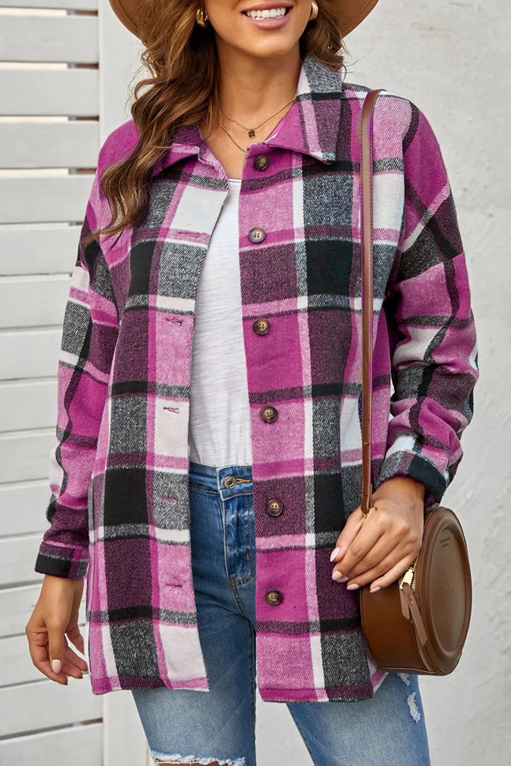 Loose Lapel Button Plaid Shirts Shacket