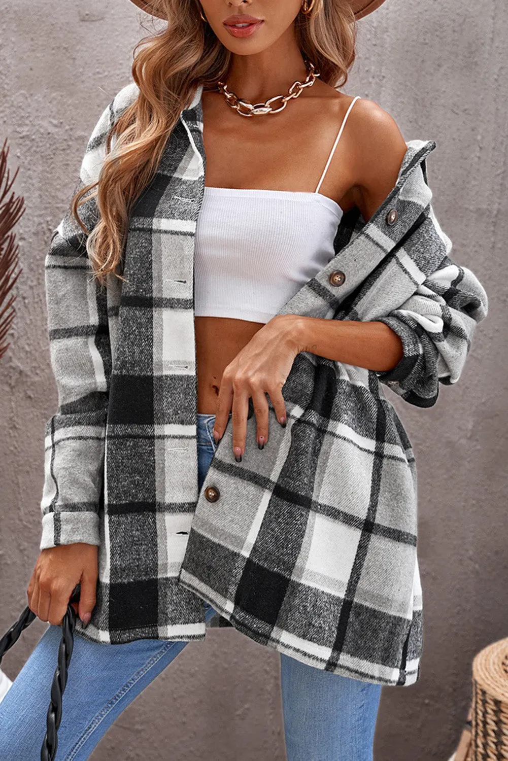 Loose Lapel Button Plaid Shirts Shacket