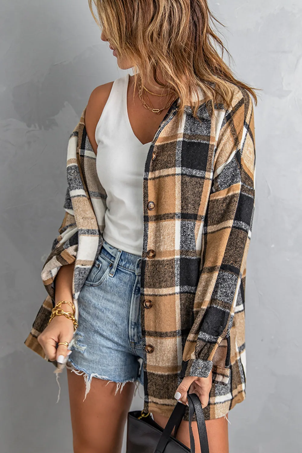 Loose Lapel Button Plaid Shirts Shacket