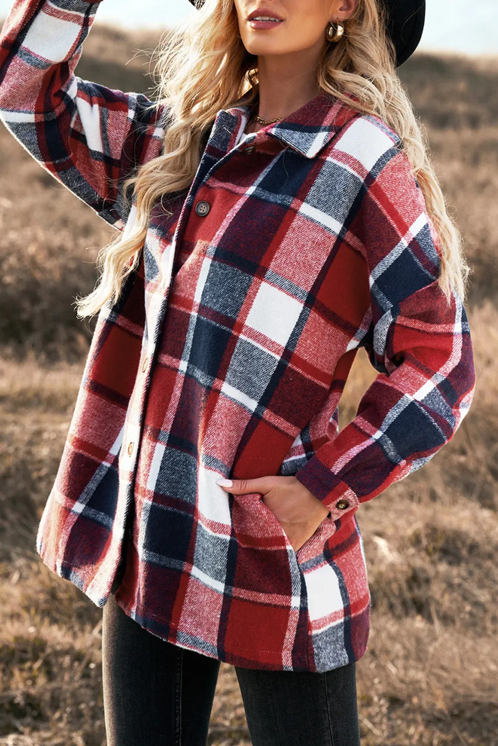 Loose Lapel Button Plaid Shirts Shacket