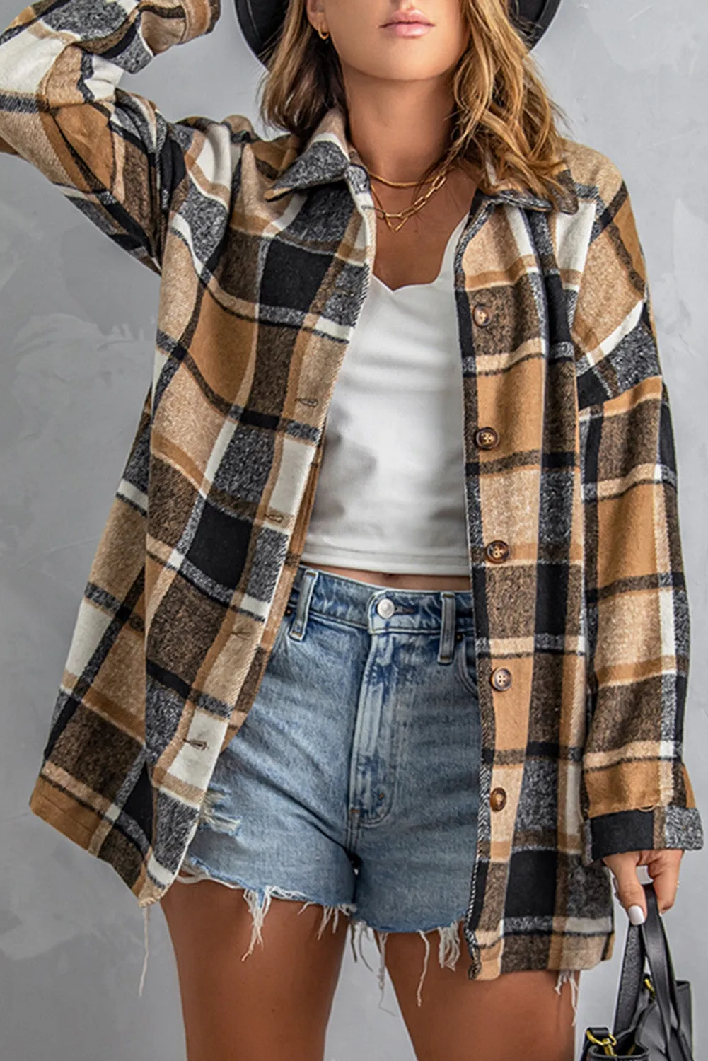 Loose Lapel Button Plaid Shirts Shacket