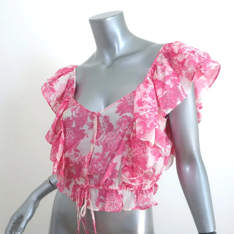 LoveShackFancy Ruffled Crop Top Pink/White Floral Print Cotton Size Extra Small