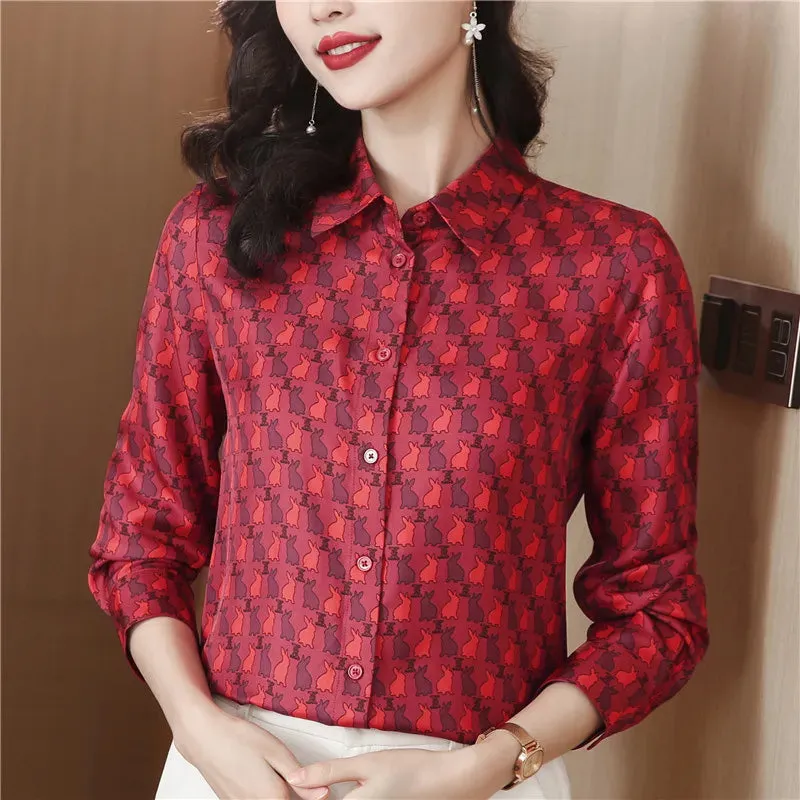 Luxury Floral Silk Shirt Long Sleeved Women Designer Lapel Neck White Blouses Elegant Lady Office Button Down Shirts  Spring Autumn Sweet Cute Blouse Woman Tops