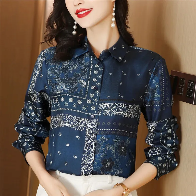 Luxury Floral Silk Shirt Long Sleeved Women Designer Lapel Neck White Blouses Elegant Lady Office Button Down Shirts  Spring Autumn Sweet Cute Blouse Woman Tops