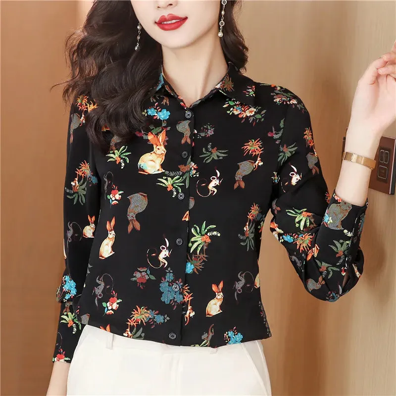 Luxury Floral Silk Shirt Long Sleeved Women Designer Lapel Neck White Blouses Elegant Lady Office Button Down Shirts  Spring Autumn Sweet Cute Blouse Woman Tops