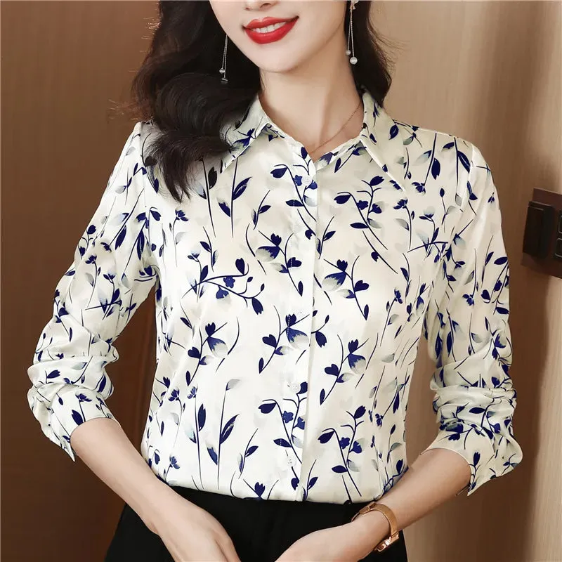 Luxury Floral Silk Shirt Long Sleeved Women Designer Lapel Neck White Blouses Elegant Lady Office Button Down Shirts  Spring Autumn Sweet Cute Blouse Woman Tops
