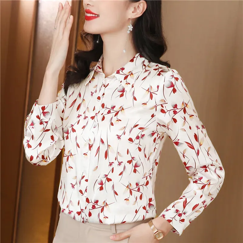 Luxury Floral Silk Shirt Long Sleeved Women Designer Lapel Neck White Blouses Elegant Lady Office Button Down Shirts  Spring Autumn Sweet Cute Blouse Woman Tops