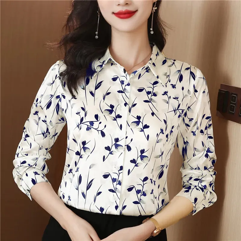 Luxury Floral Silk Shirt Long Sleeved Women Designer Lapel Neck White Blouses Elegant Lady Office Button Down Shirts  Spring Autumn Sweet Cute Blouse Woman Tops