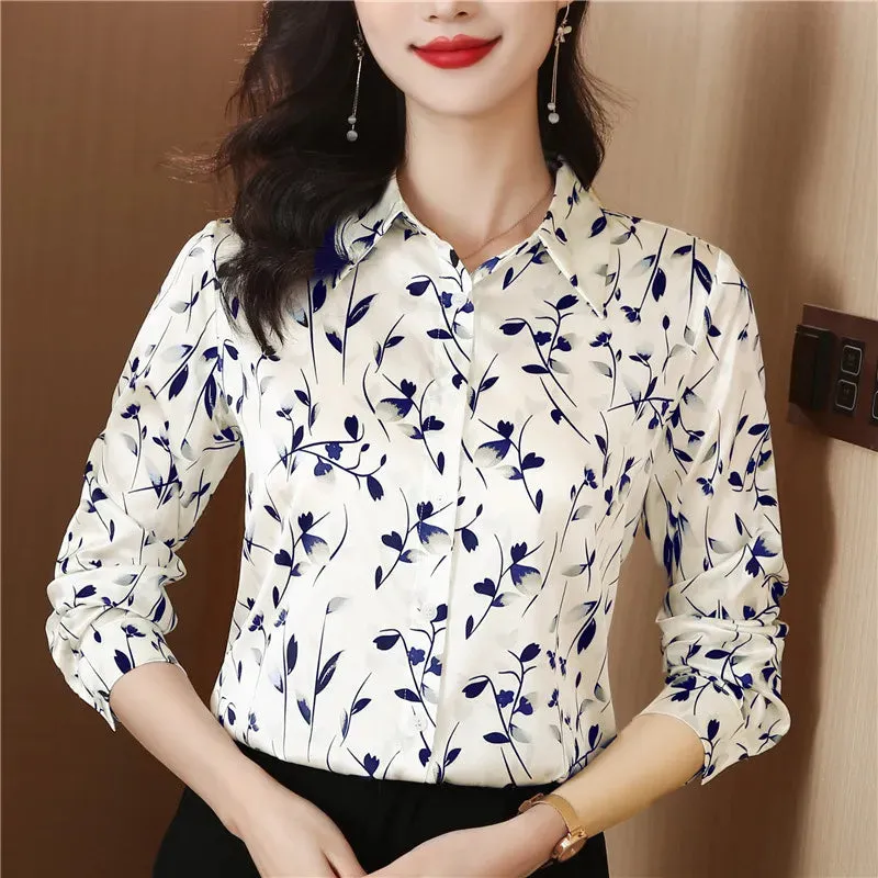 Luxury Floral Silk Shirt Long Sleeved Women Designer Lapel Neck White Blouses Elegant Lady Office Button Down Shirts  Spring Autumn Sweet Cute Blouse Woman Tops