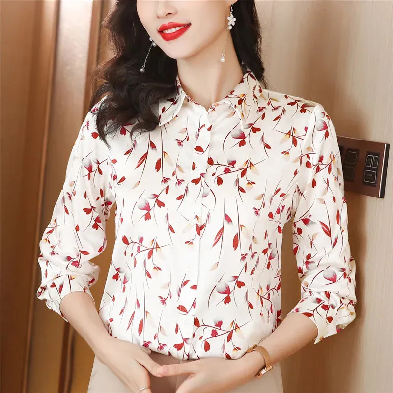 Luxury Floral Silk Shirt Long Sleeved Women Designer Lapel Neck White Blouses Elegant Lady Office Button Down Shirts  Spring Autumn Sweet Cute Blouse Woman Tops