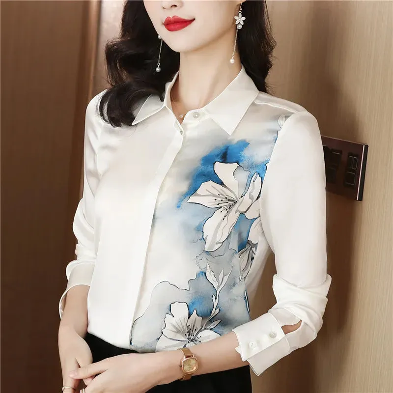 Luxury Floral Silk Shirt Long Sleeved Women Designer Lapel Neck White Blouses Elegant Lady Office Button Down Shirts  Spring Autumn Sweet Cute Blouse Woman Tops