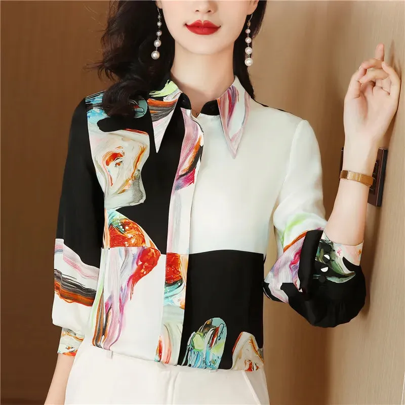 Luxury Floral Silk Shirt Long Sleeved Women Designer Lapel Neck White Blouses Elegant Lady Office Button Down Shirts  Spring Autumn Sweet Cute Blouse Woman Tops