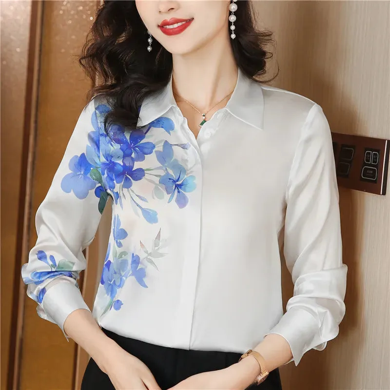 Luxury Floral Silk Shirt Long Sleeved Women Designer Lapel Neck White Blouses Elegant Lady Office Button Down Shirts  Spring Autumn Sweet Cute Blouse Woman Tops