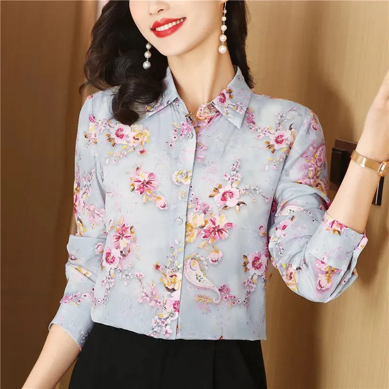 Luxury Floral Silk Shirt Long Sleeved Women Designer Lapel Neck White Blouses Elegant Lady Office Button Down Shirts  Spring Autumn Sweet Cute Blouse Woman Tops
