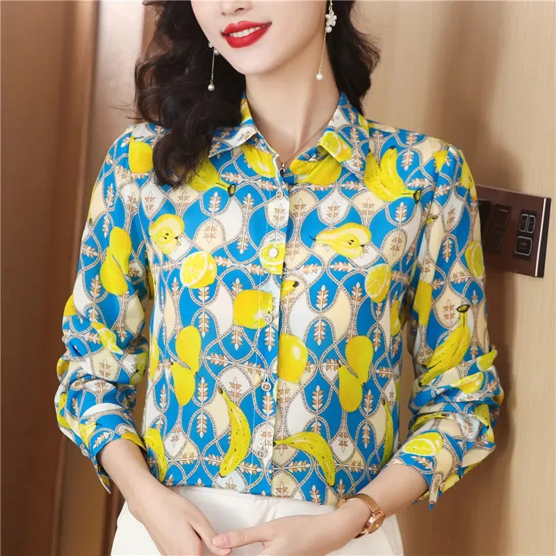 Luxury Floral Silk Shirt Long Sleeved Women Designer Lapel Neck White Blouses Elegant Lady Office Button Down Shirts  Spring Autumn Sweet Cute Blouse Woman Tops