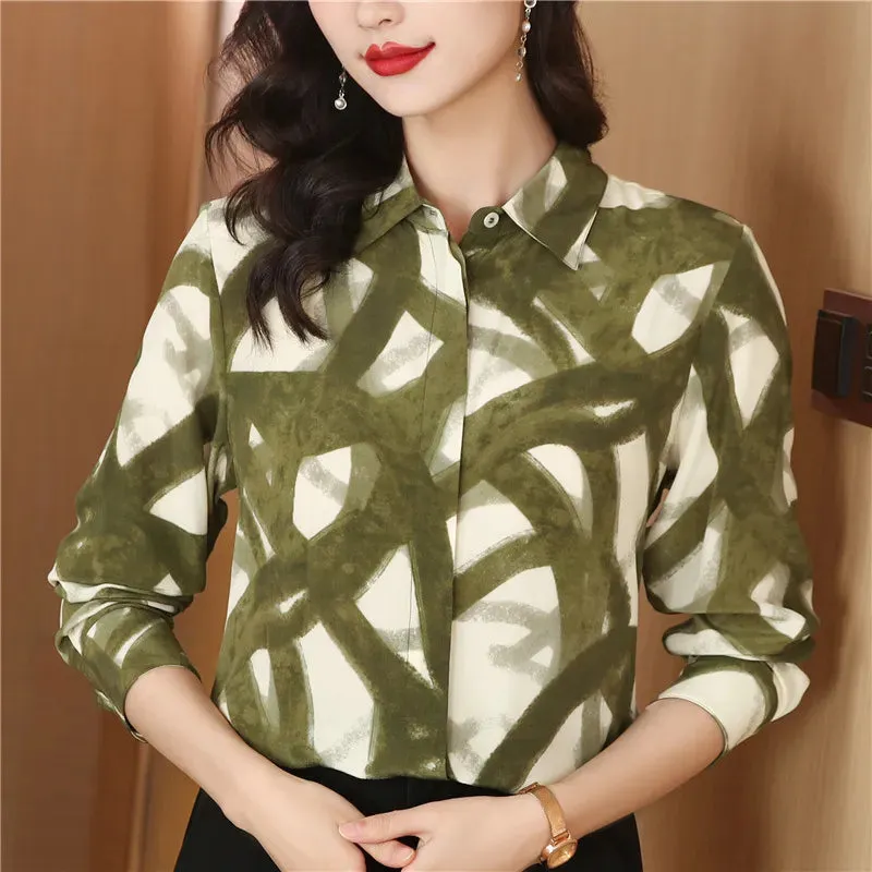 Luxury Floral Silk Shirt Long Sleeved Women Designer Lapel Neck White Blouses Elegant Lady Office Button Down Shirts  Spring Autumn Sweet Cute Blouse Woman Tops