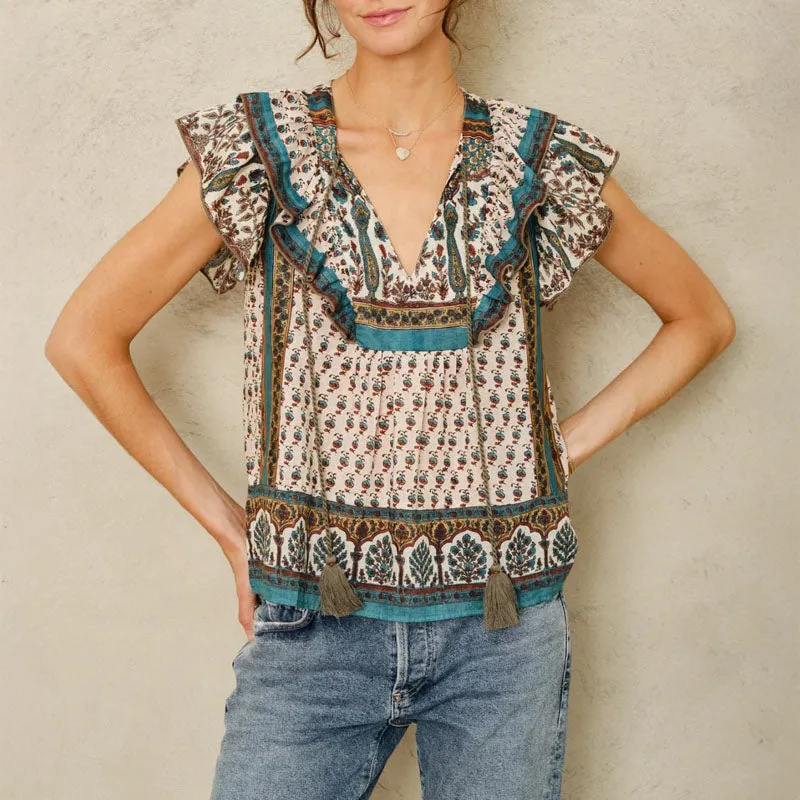 M.A.B.E Devi Print Frill Top in Multi