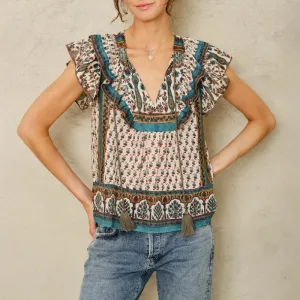 M.A.B.E Devi Print Frill Top in Multi