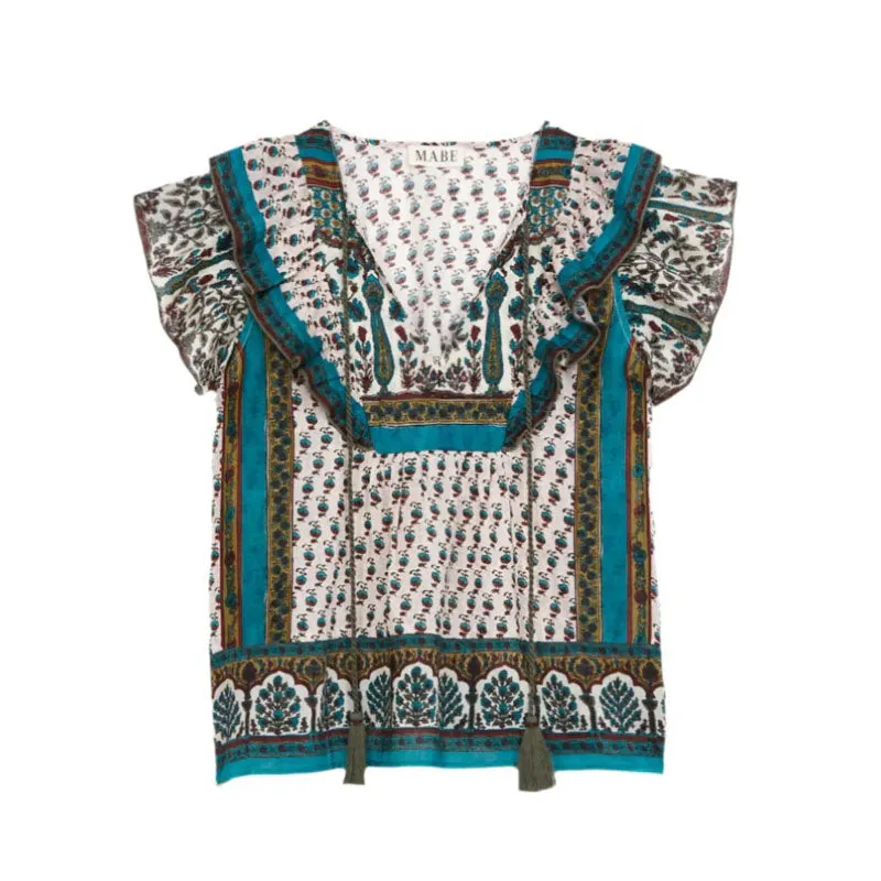 M.A.B.E Devi Print Frill Top in Multi
