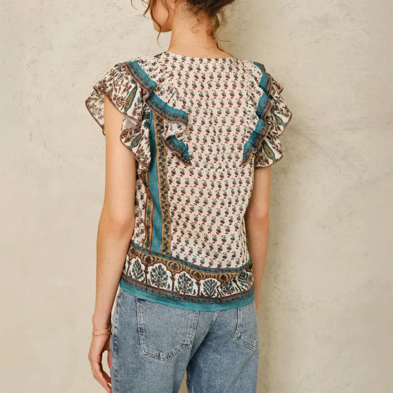 M.A.B.E Devi Print Frill Top in Multi