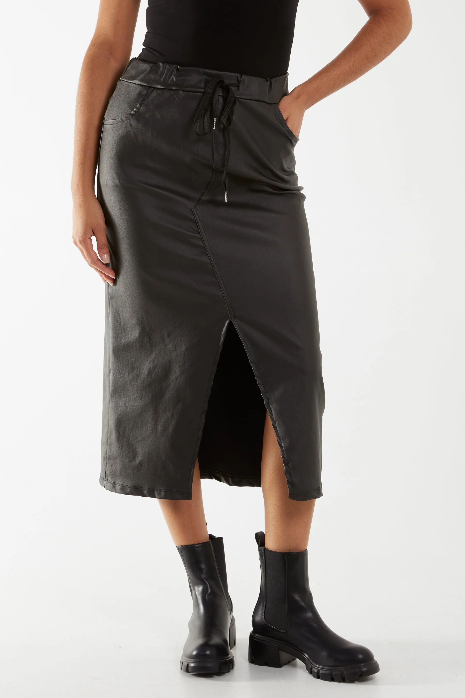 Magic String PU Coated Midi Skirt