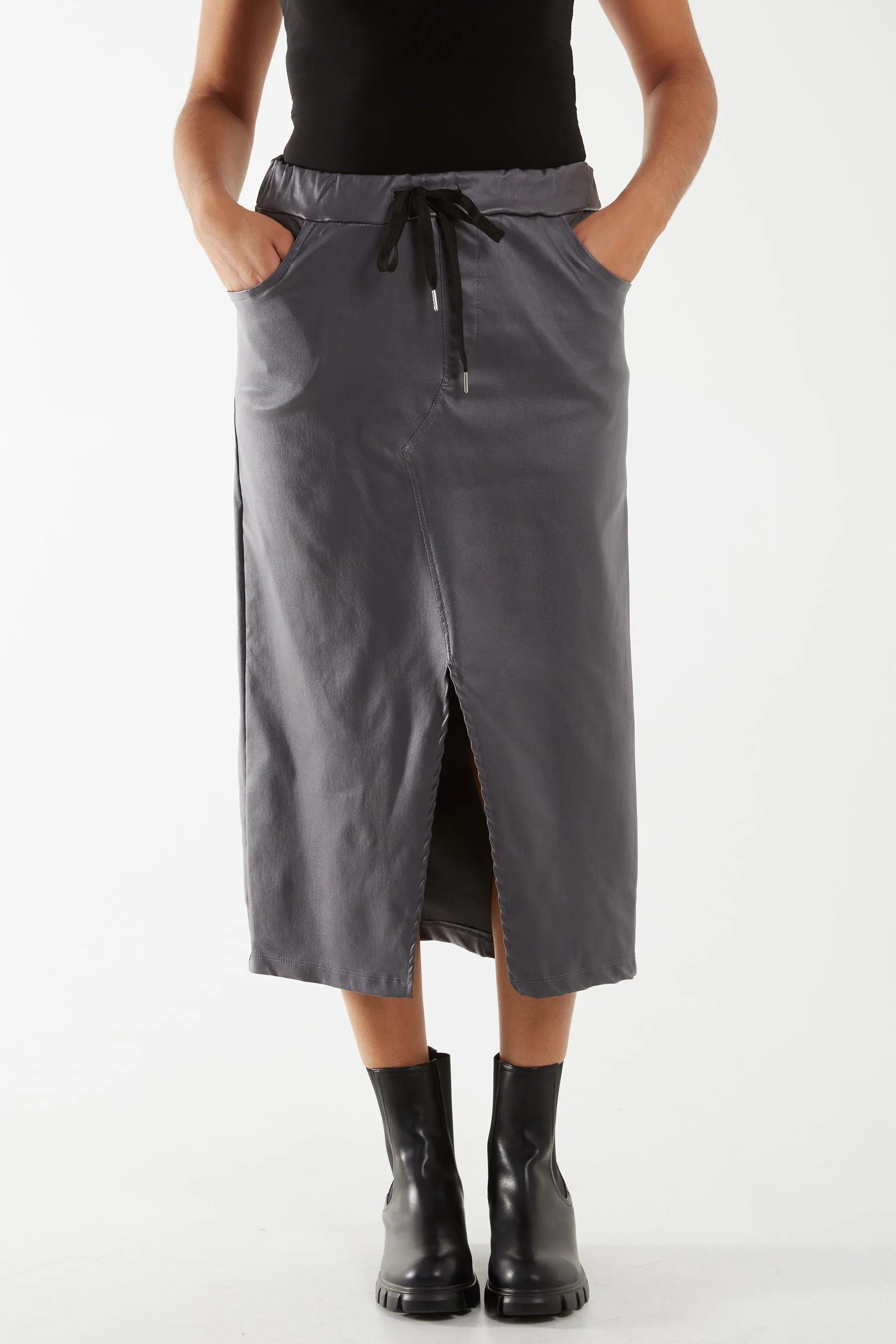 Magic String PU Coated Midi Skirt