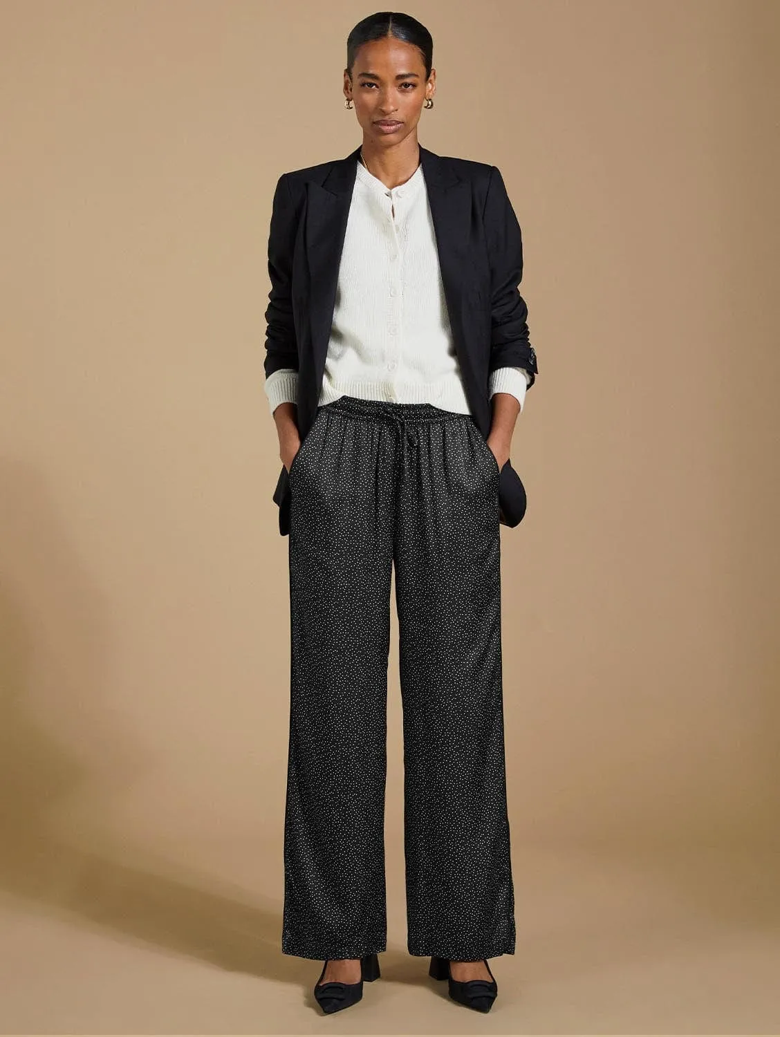 Mandy Printed Satin Trousers | Black Mini Spot
