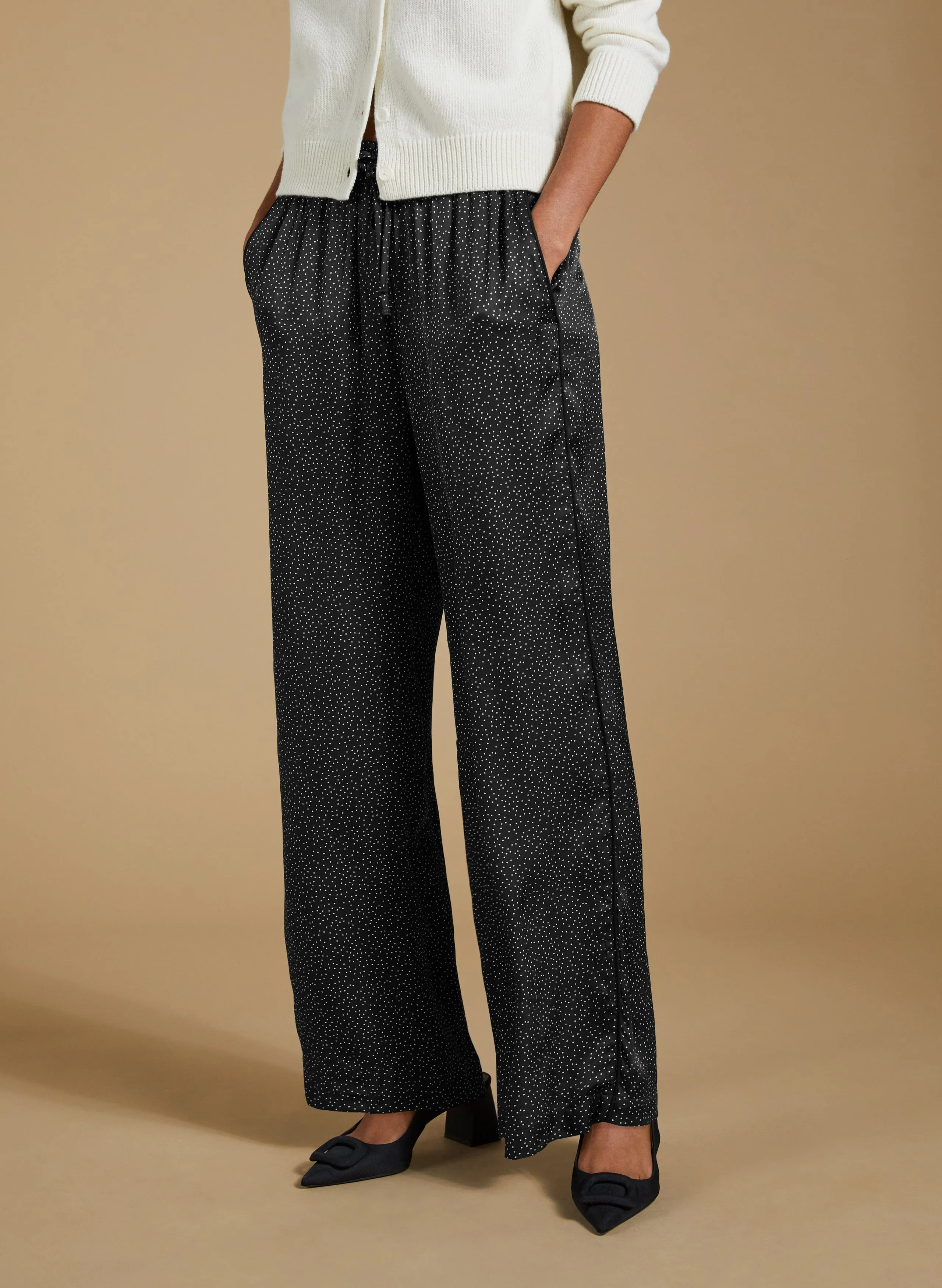 Mandy Printed Satin Trousers | Black Mini Spot