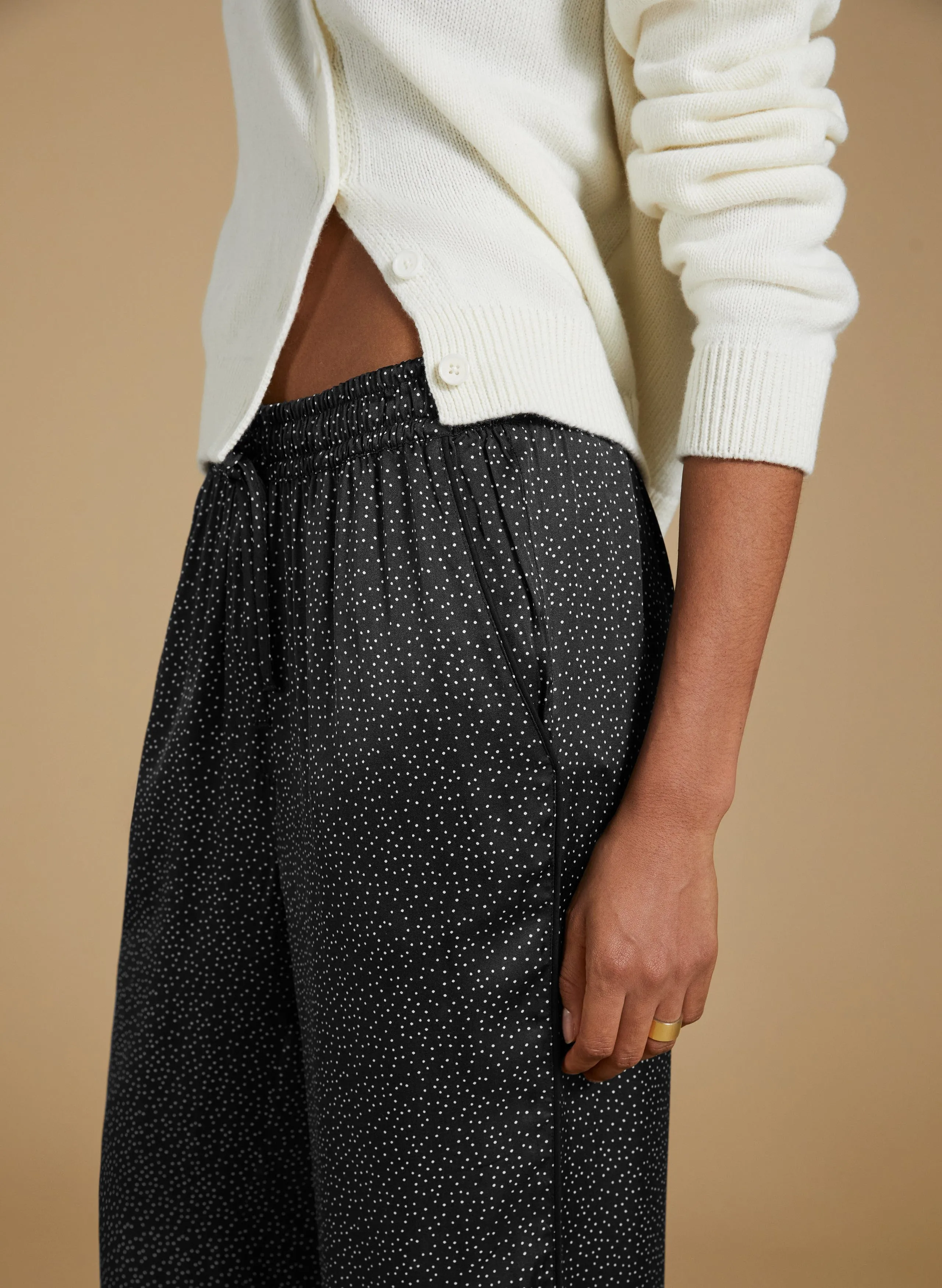 Mandy Printed Satin Trousers | Black Mini Spot