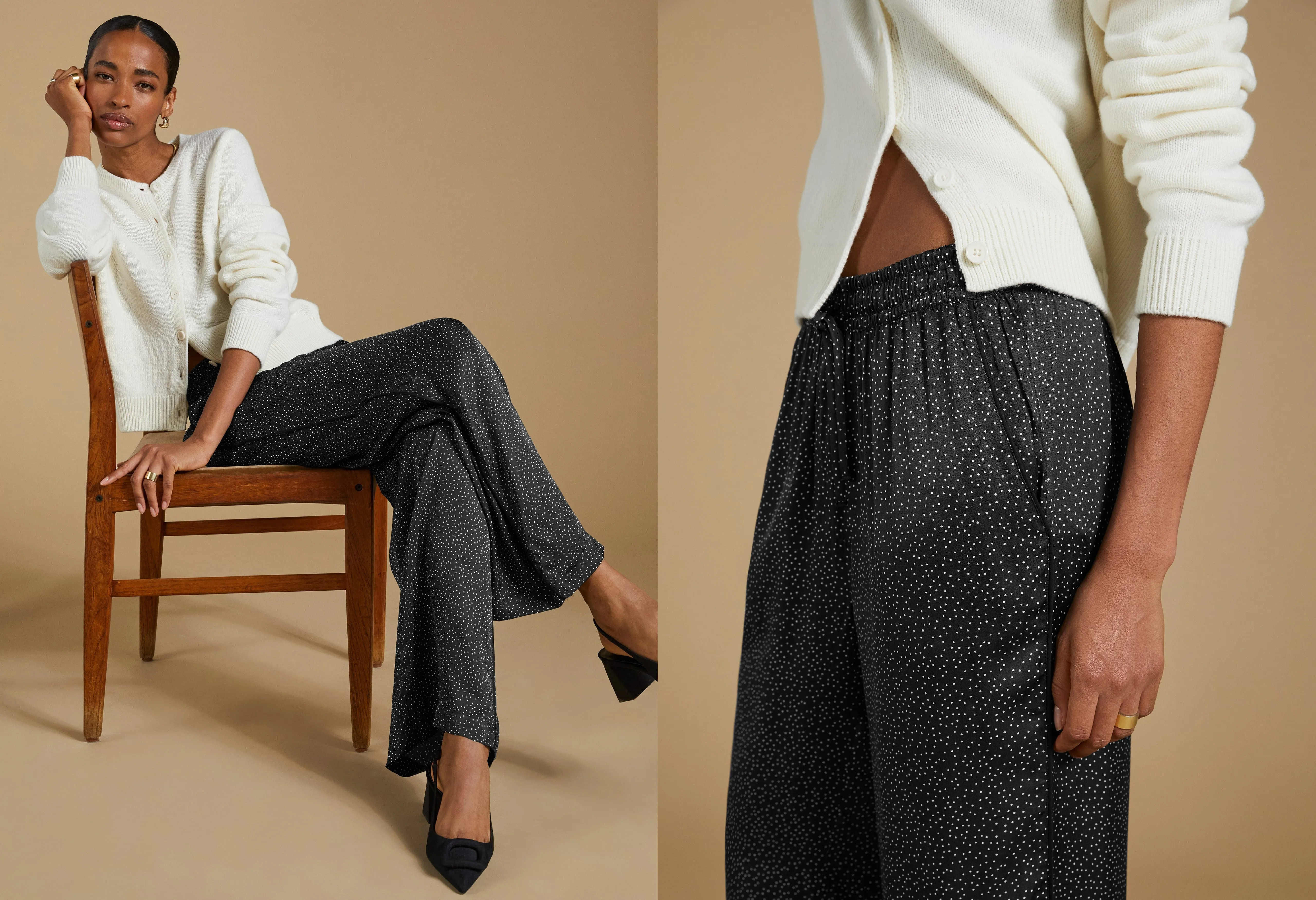 Mandy Printed Satin Trousers | Black Mini Spot