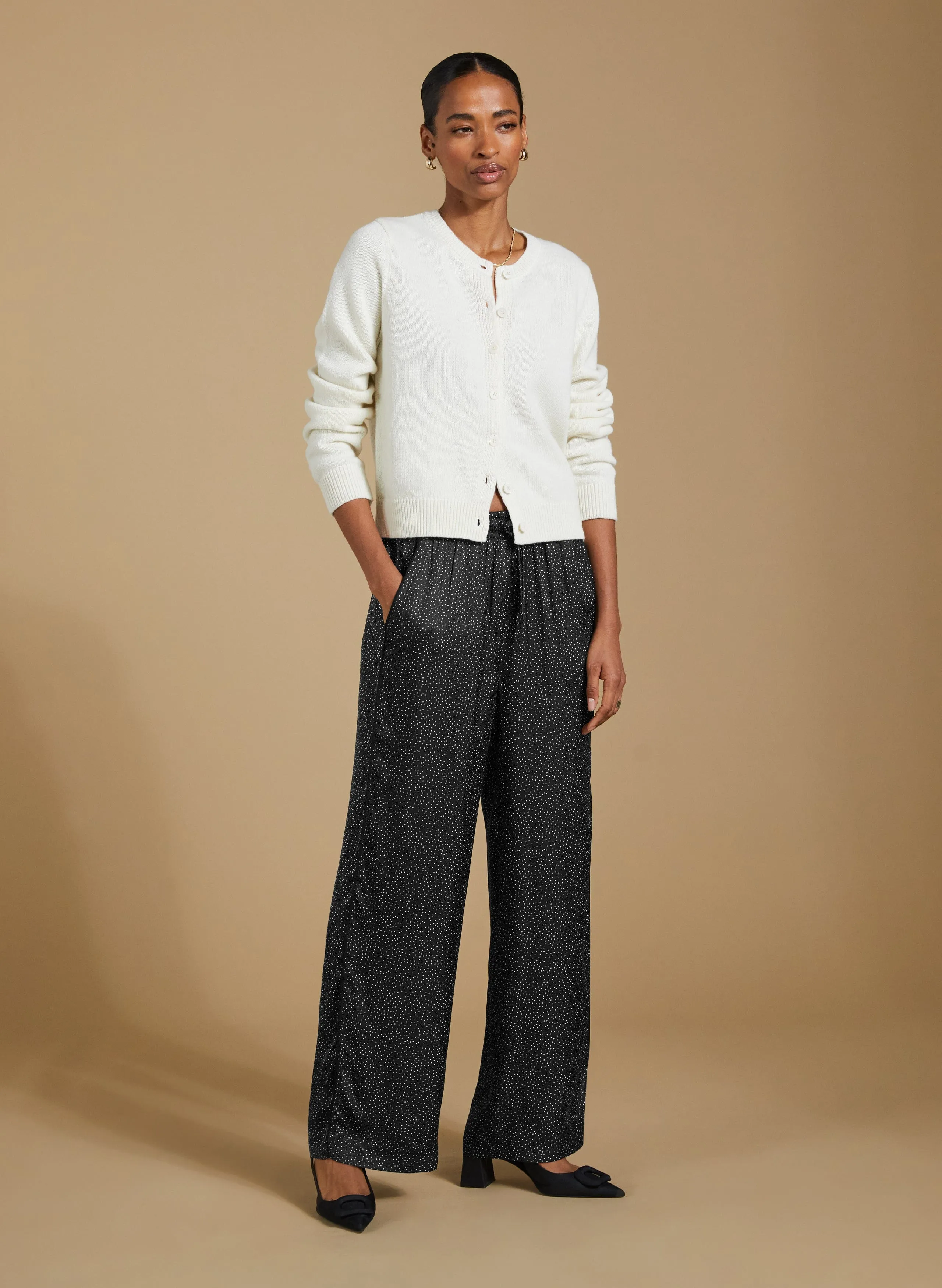 Mandy Printed Satin Trousers | Black Mini Spot