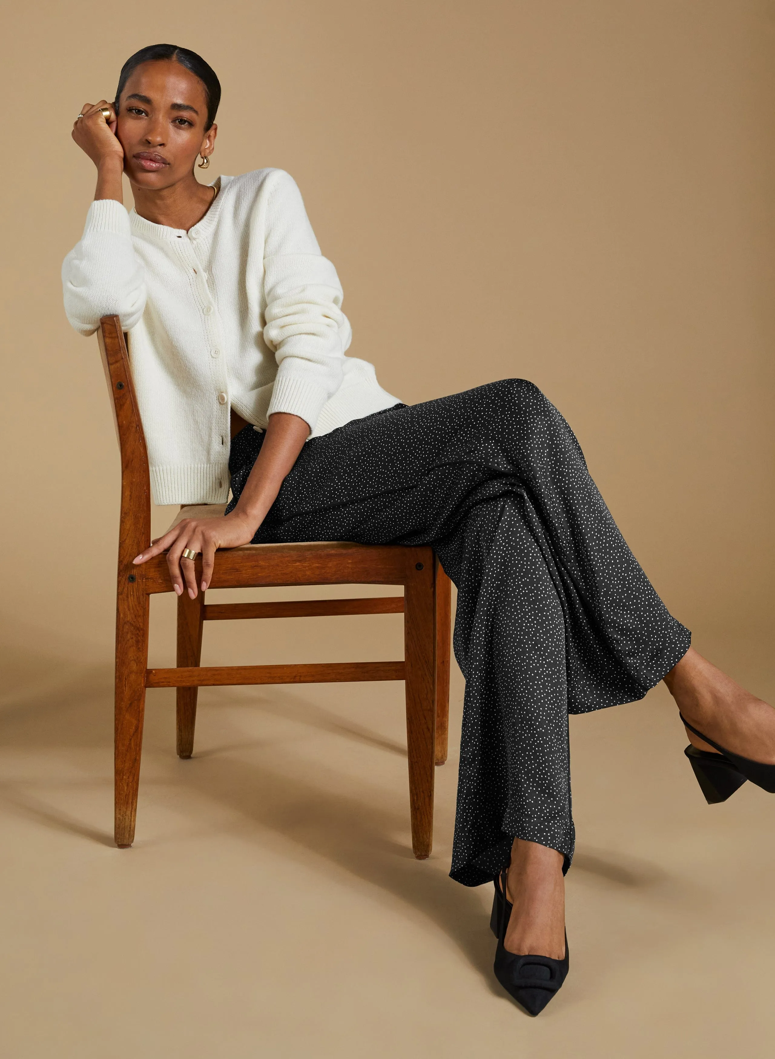 Mandy Printed Satin Trousers | Black Mini Spot